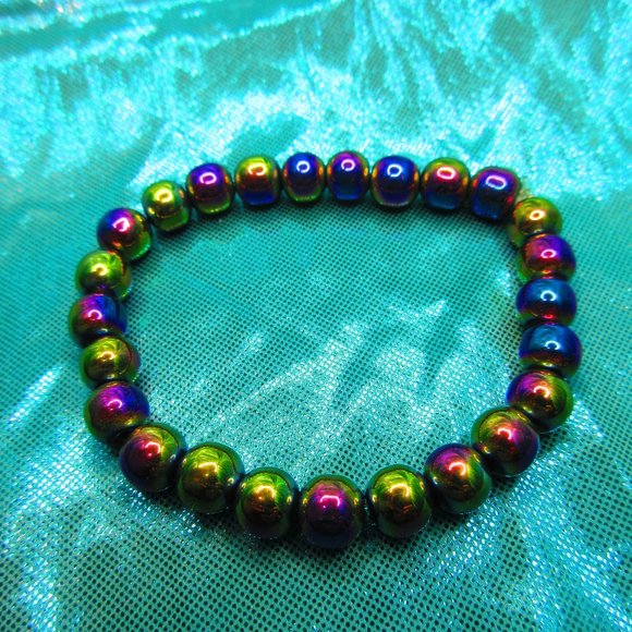Rainbow Titanium Hematite 8mm Round 7" Stretchy Gemstone Bracelet - Picture 2 of 3